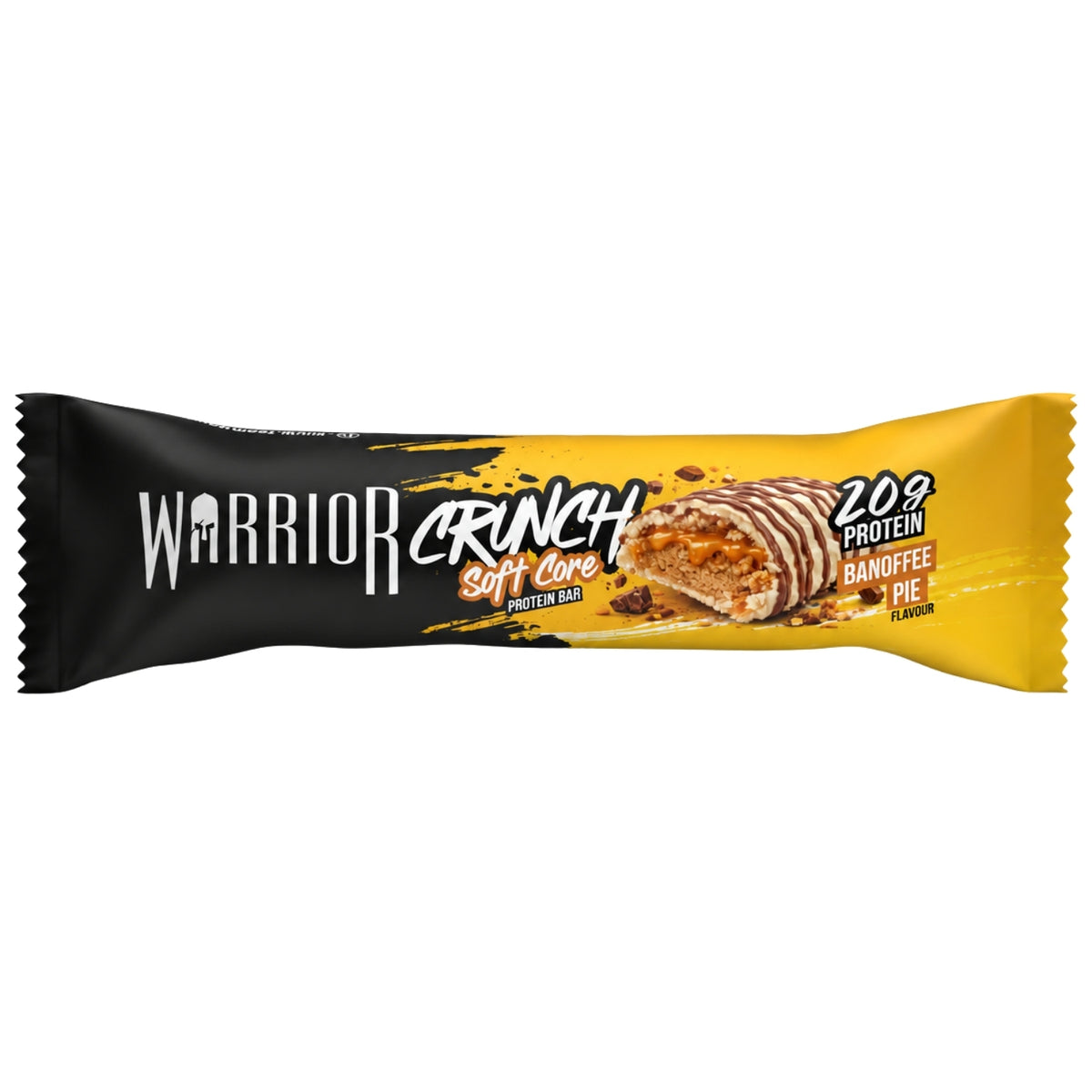 Warrior Crunch Soft Core Banoffee Pie protein bar wrapper, black and yellow pack with a 20g Protein badge, on a white background.
