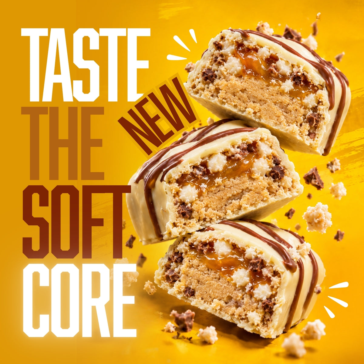 Warrior Crunch Banoffee Pie protein bars, three pieces cut open to show the soft dough and caramel centre with biscuit pieces, alongside the tagline 'Taste the New Soft Core'.