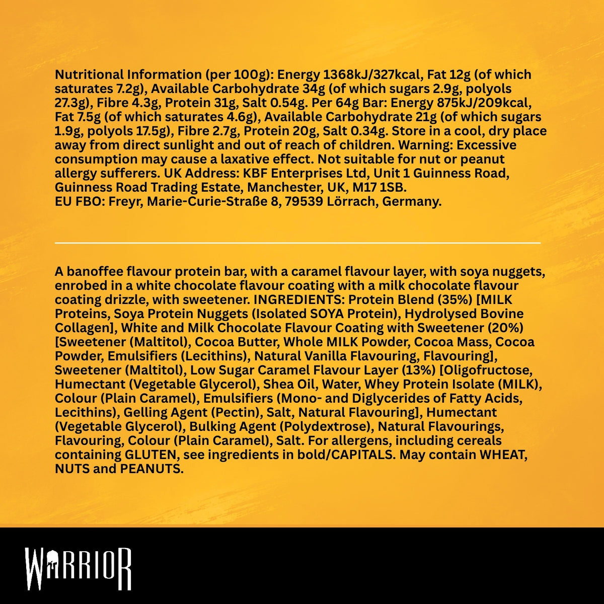 Warrior Crunch Banoffee Pie protein bar nutritional information and ingredients panel, 20g protein, 2.7g fibre and 1.9g sugar per 64g bar, made in the UK.