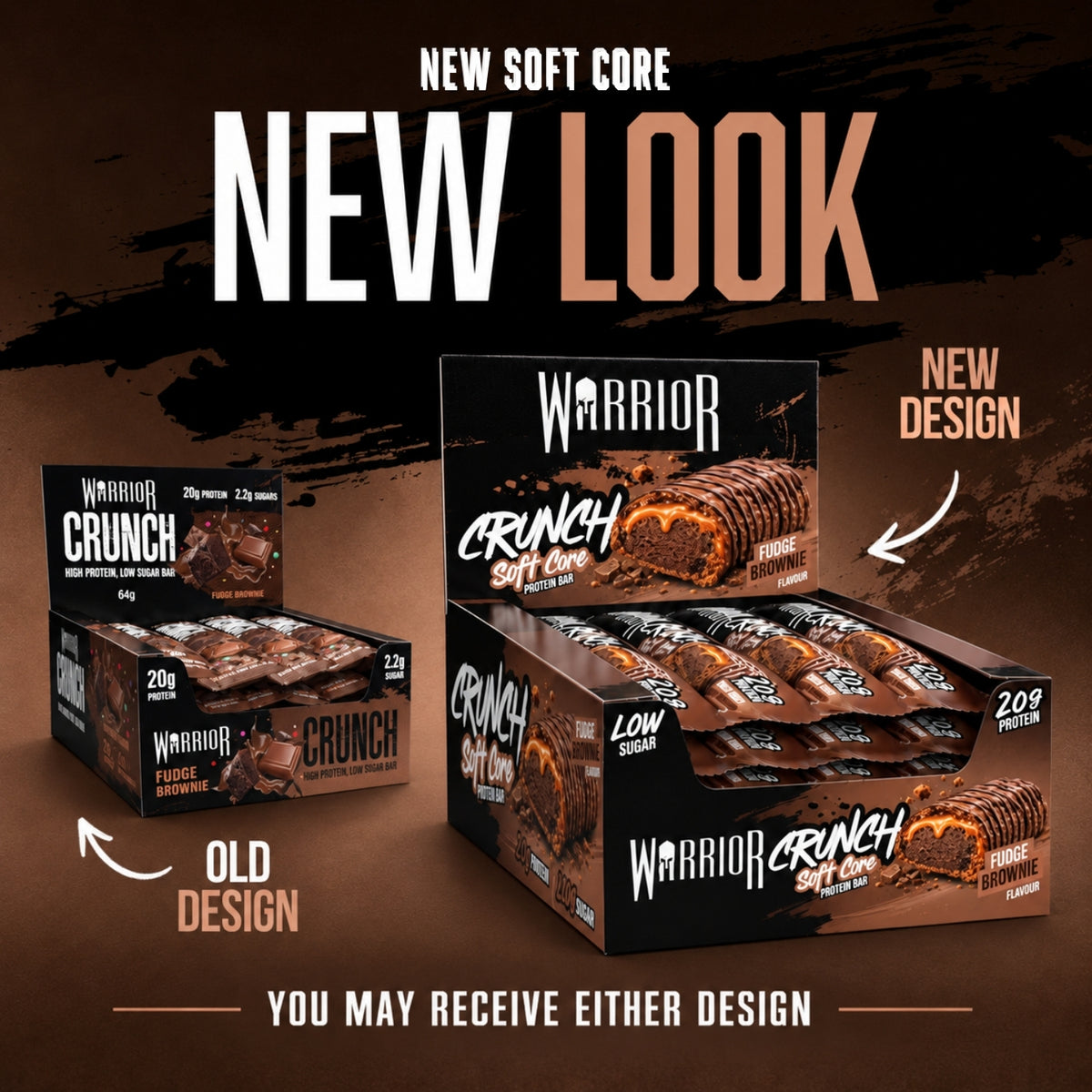 Warrior Crunch Fudge Brownie protein bar retail display graphic comparing the old design box and the new 'Soft Core' design box, with the text 'You may receive either design'.