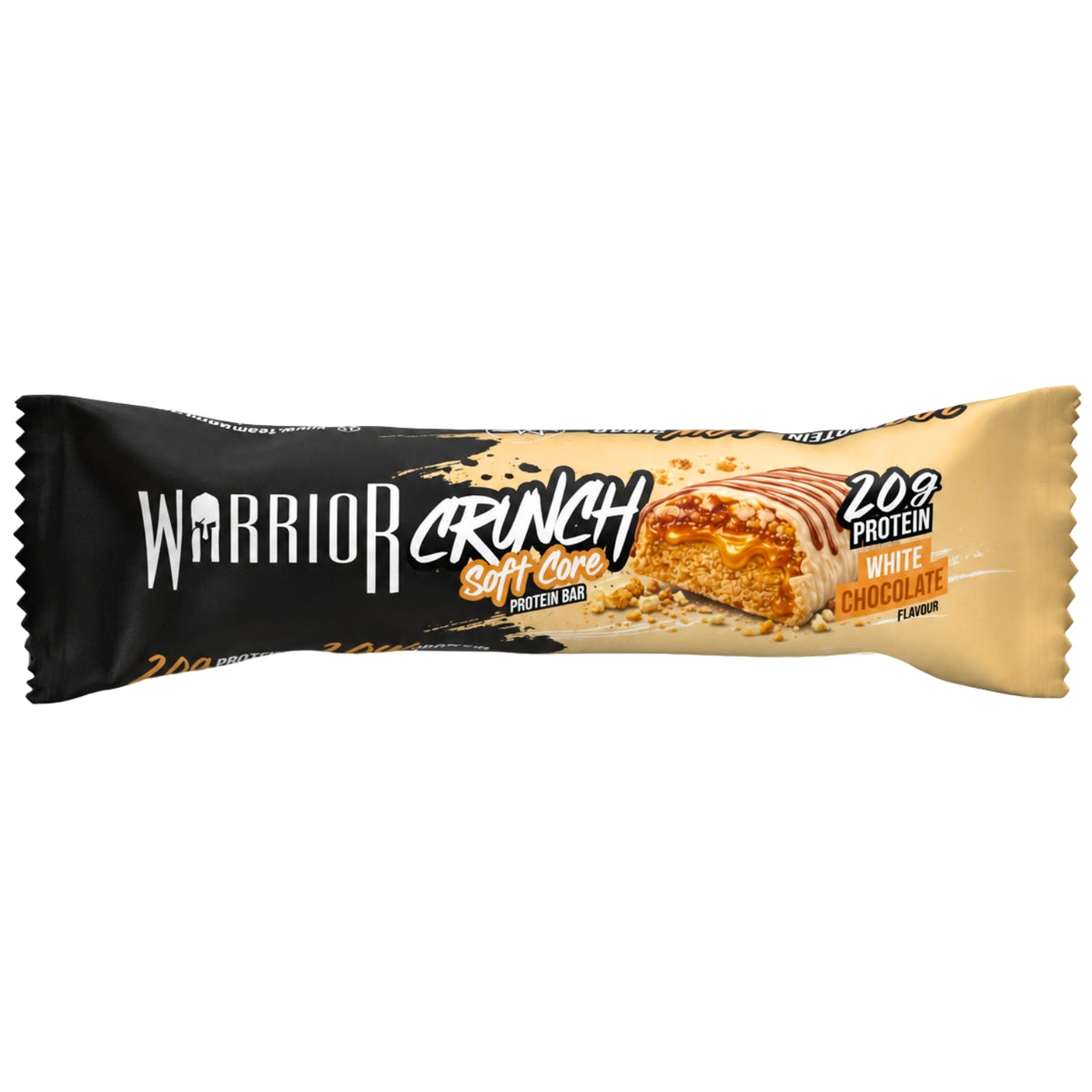 Warrior Crunch Soft Core White Chocolate protein bar wrapper, black and tan pack with a 20g Protein badge, on a white background.
