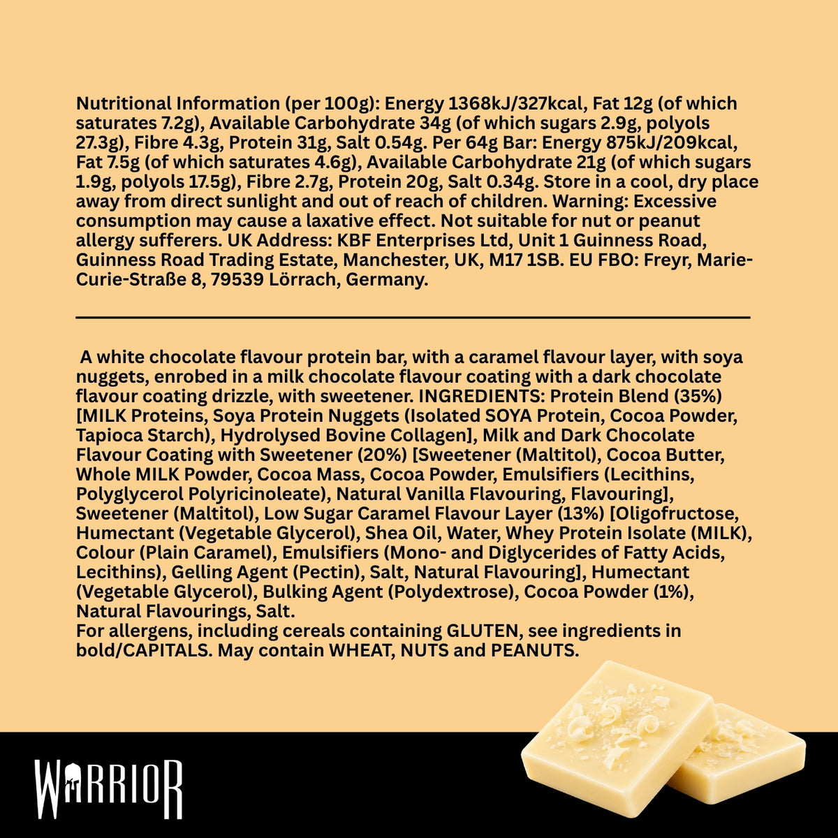Warrior Crunch White Chocolate protein bar nutritional information and ingredients panel, 20g protein, 2.7g fibre and 1.9g sugar per 64g bar, made in the UK.
