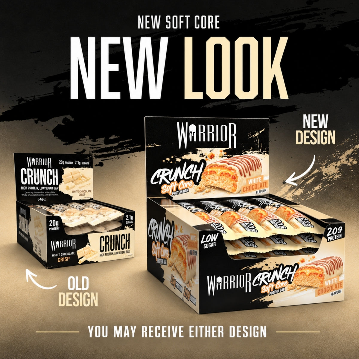 Warrior Crunch White Chocolate protein bar retail display graphic comparing the old 'White Chocolate Crisp' design box and the new 'Soft Core' design box, with the text 'You may receive either design'.