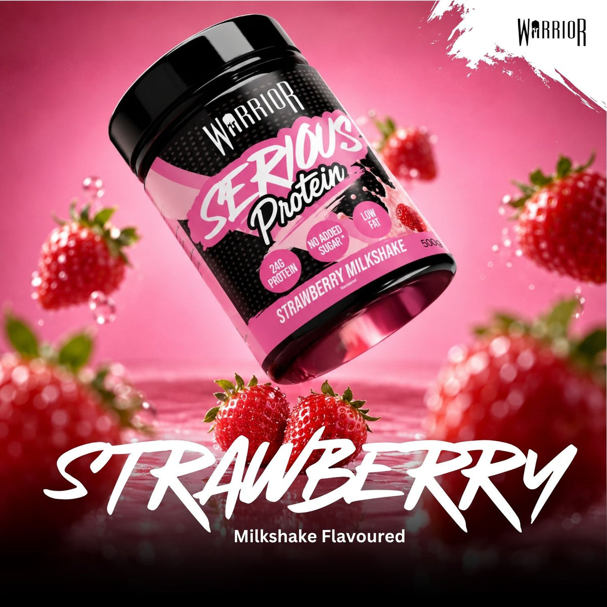 A tub of Warrior Serious Protein Strawberry Milkshake flavor is shown floating at an angle against a pink background with strawberries around it and large white text reading 'STRAWBERRY' and 'Milkshake Flavoured'.