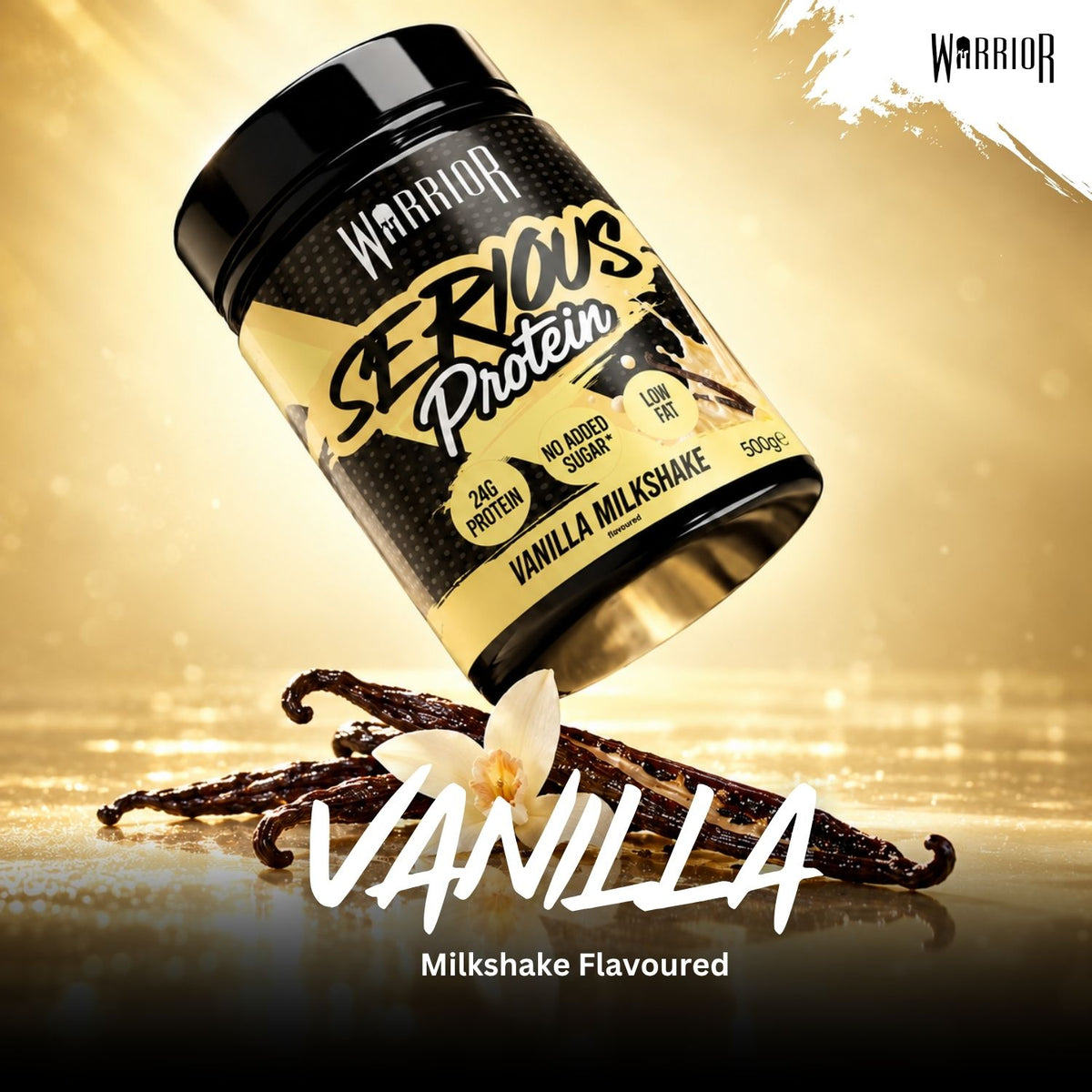A jar of Warrior Serious Protein Vanilla Milkshake flavour powder is shown at an angle against a golden, reflective background with vanilla beans and a vanilla flower in front. Large 'VANILLA' text and 'Milkshake Flavoured' appear at the bottom, with the Warrior brand logo in the top right.