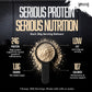 Promotional graphic for Serious Protein powder by Serious Nutrition, showing a scoop of beige protein powder on a black background with text highlighting nutritional facts: 24g protein, 1.8g sugars, low fat, and 107 calories.