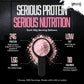 Promotional graphic for Serious Protein Nutrition by Warrior, featuring a scoop of light pink protein powder on a dark textured background with feature callouts: 24g protein, 1.6g sugars, low fat, and 110 calories.