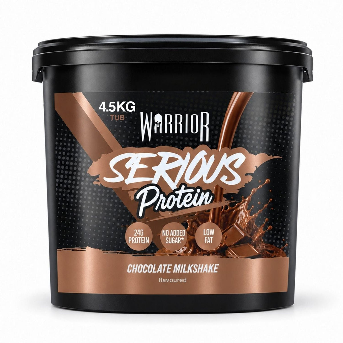 A 4.5kg tub of Warrior Serious Protein Chocolate Milkshake, featuring a black tub with a metallic brown and black label, set against a plain white background.