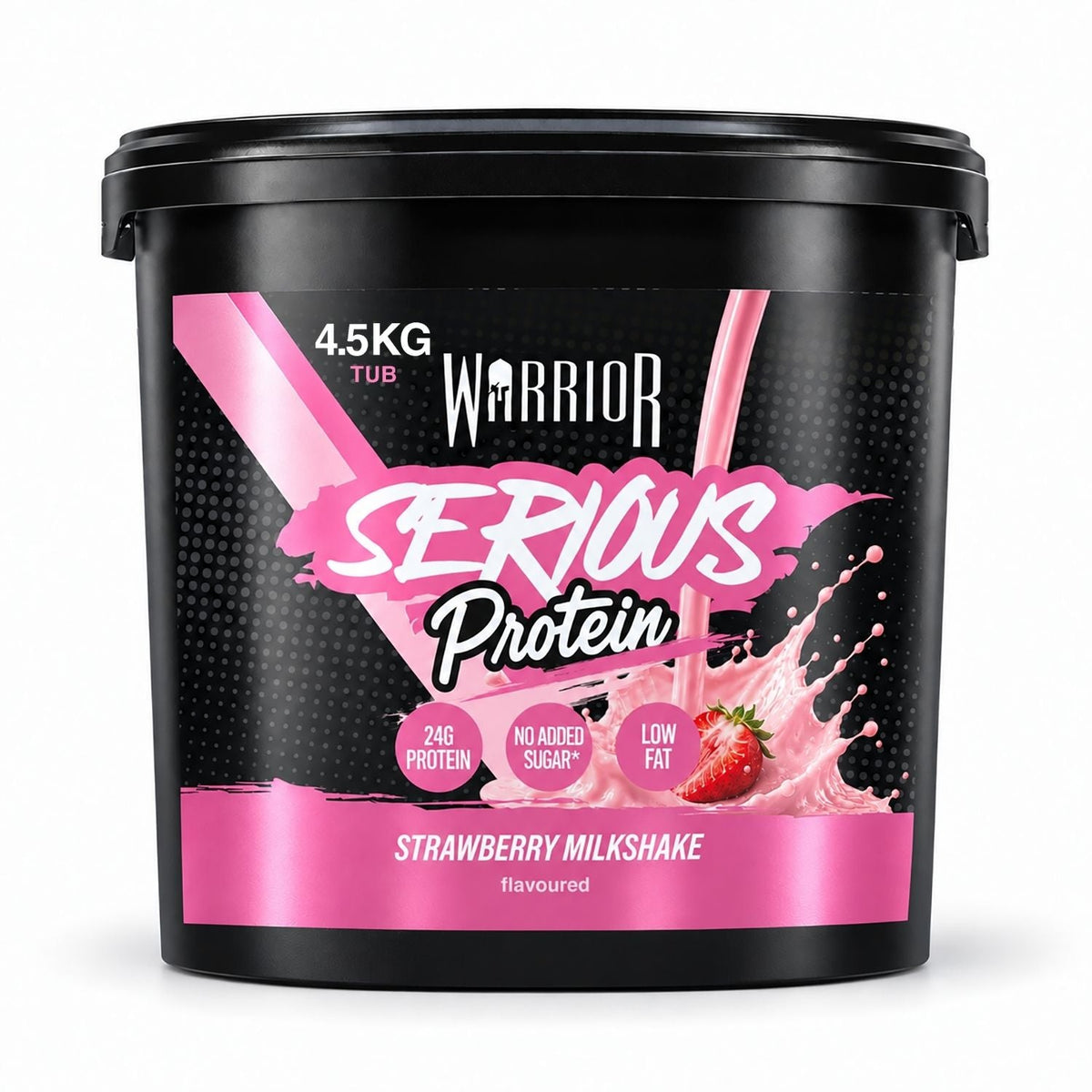 A 4.5kg tub of Warrior Serious Protein Strawberry Milkshake, featuring a black tub with a pink and black label, set against a plain white background.