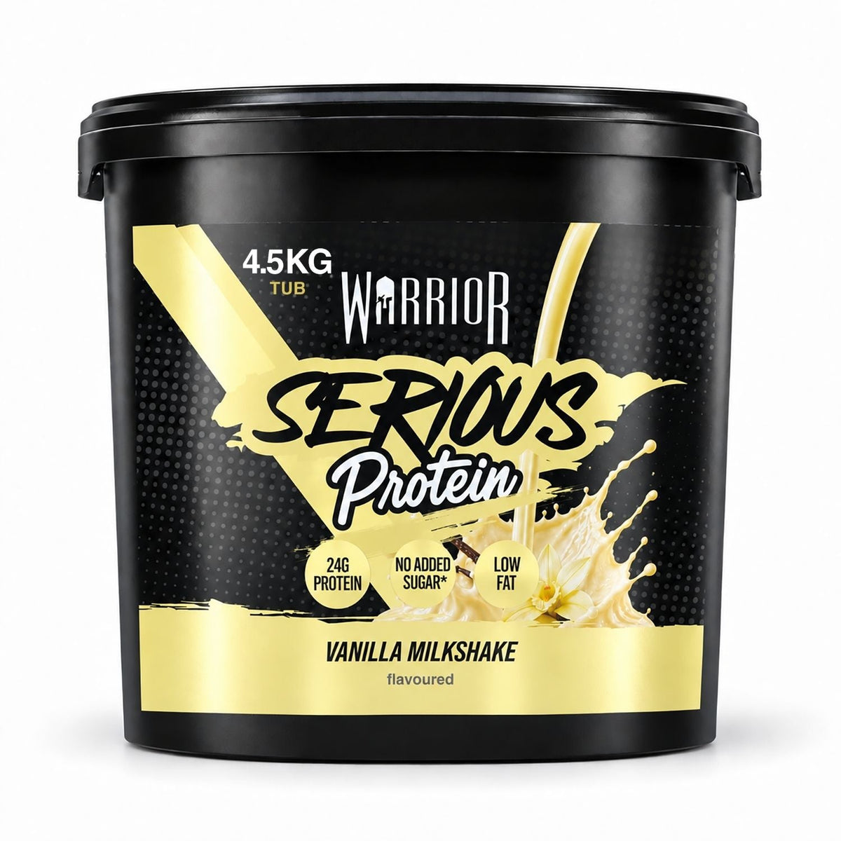 A 4.5kg tub of Warrior Serious Protein Vanilla Milkshake on a clean white background.