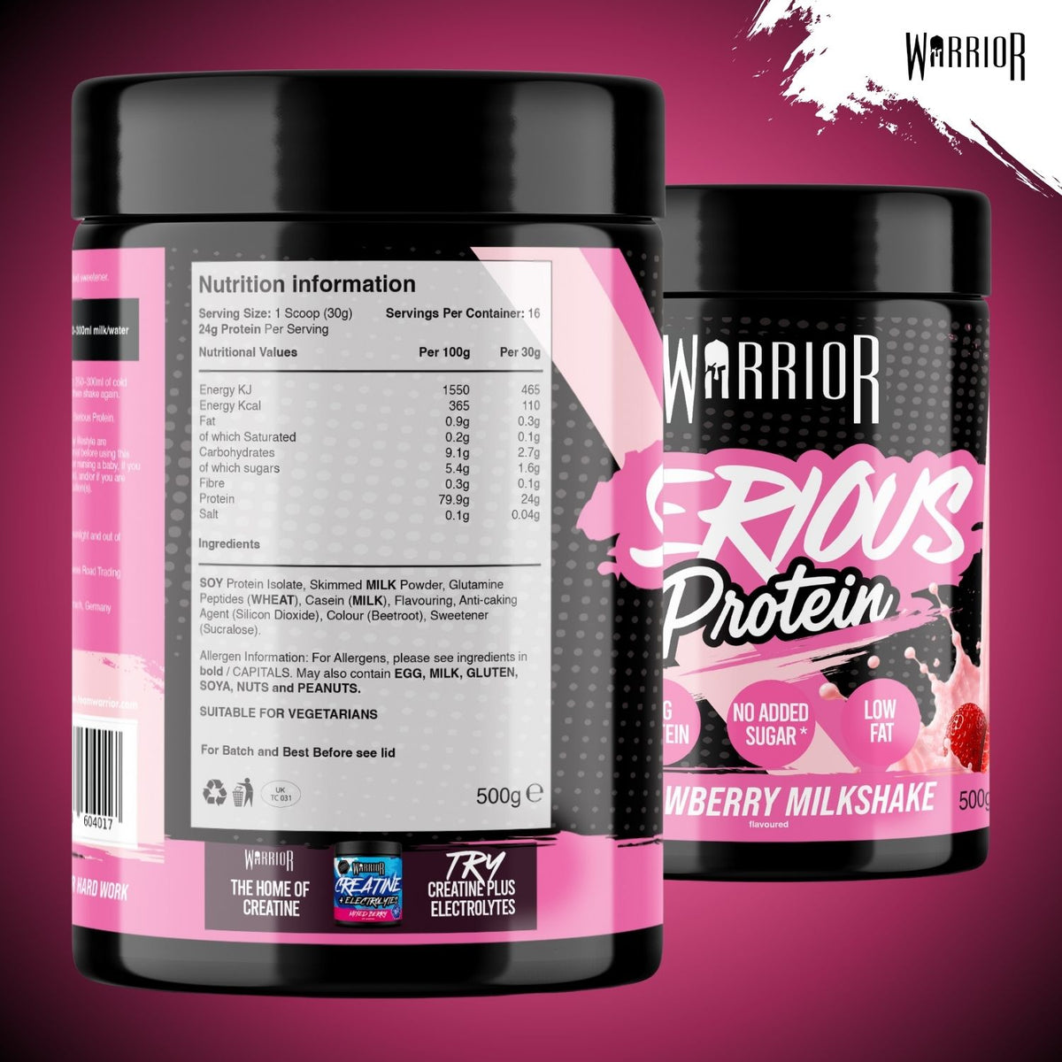 Two black tubs of Warrior Serious Protein Strawberry Milkshake powder shown on a dark pink background, with one tub displaying the back nutrition label and the other showing the front branding.