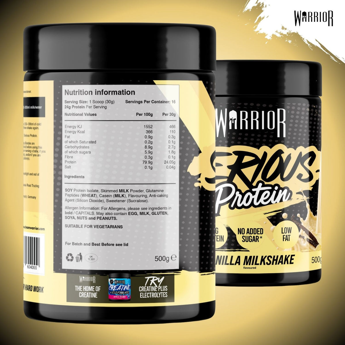 Two black plastic tubs of Warrior Serious Protein Vanilla Milkshake powder, showing the back nutrition label on the front tub and the front label on the rear tub, set against a gold-to-black gradient background.