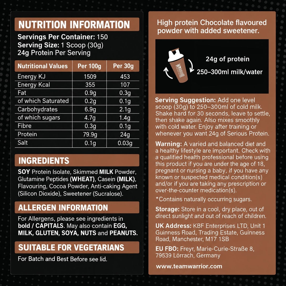 A product information card for Serious Protein Chocolate Flavouring powder. The card features a dark brown background with a white nutrition facts table on the left, a brown text block on the right explaining serving suggestions and storage, and a small illustration showing 24g of powder mixed with 250-300ml of milk/water.