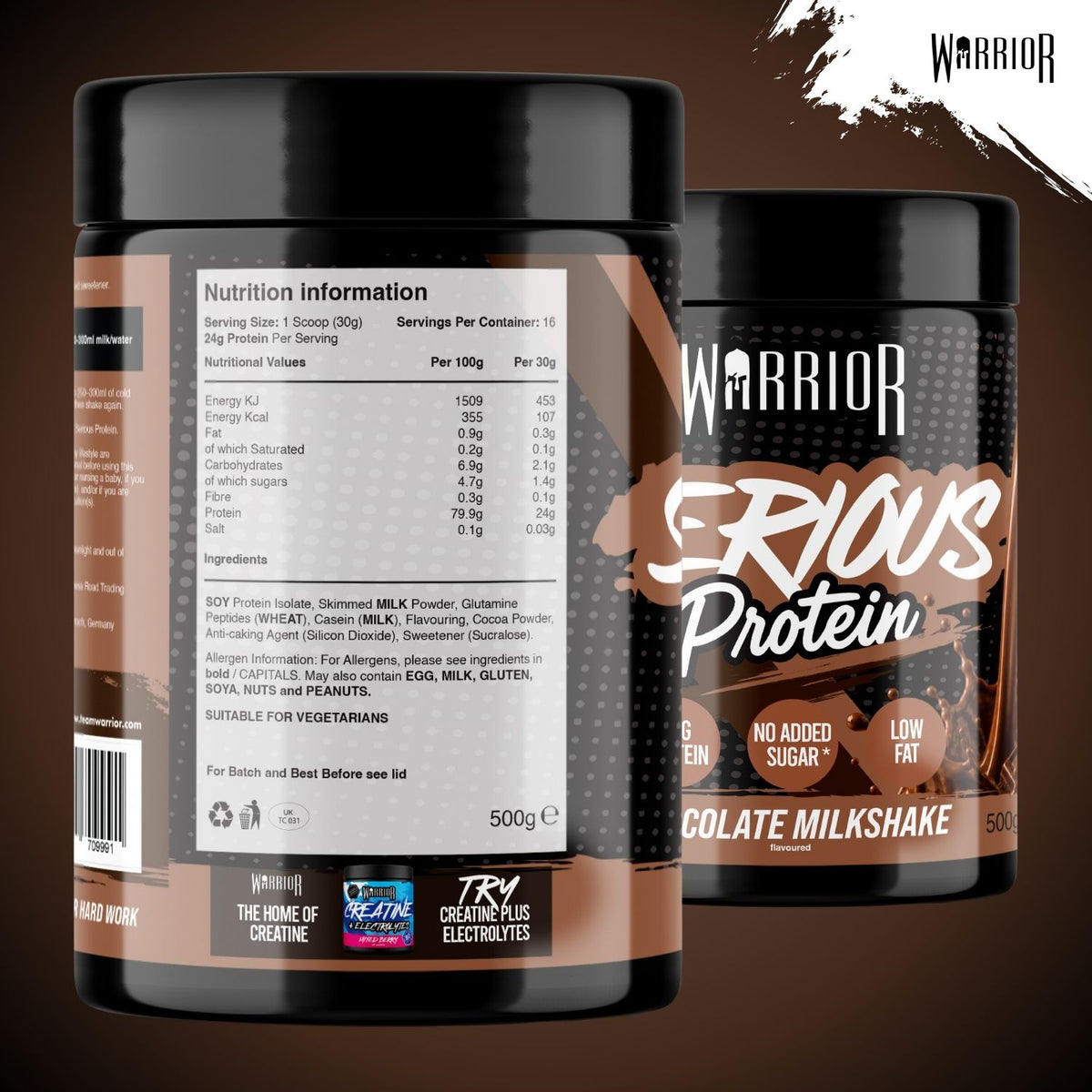 Two black plastic tubs of Warrior Serious Protein Chocolate Milkshake powder, showing the front and back labels against a dark brown background.