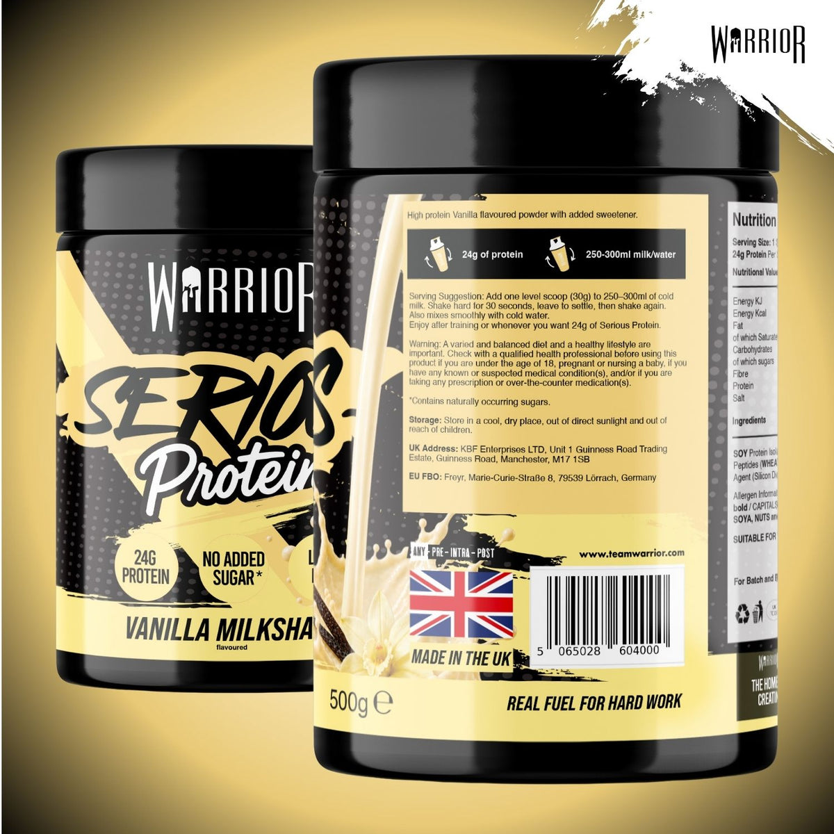 Two black Warrior Series Protein powder tubs shown on a metallic gold background, displaying the front and back labels of the vanilla milkshake flavor 500g container.