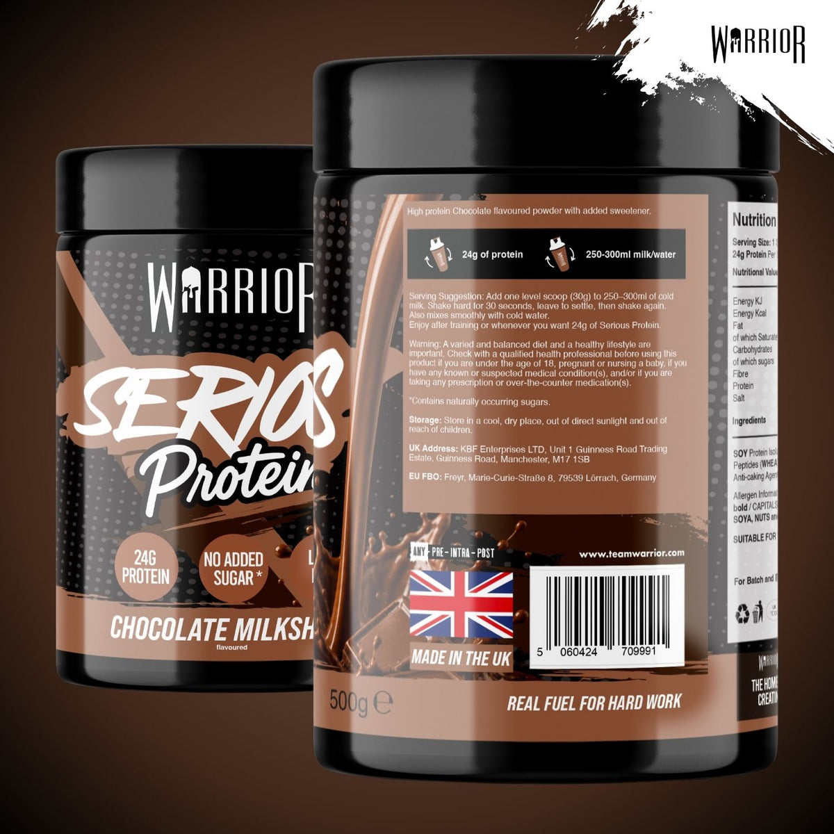 Two black tubs of Warrior Series Protein Chocolate Milkshake powder shown on a dark brown background, with one tub displaying the front label and the other showing the back label.