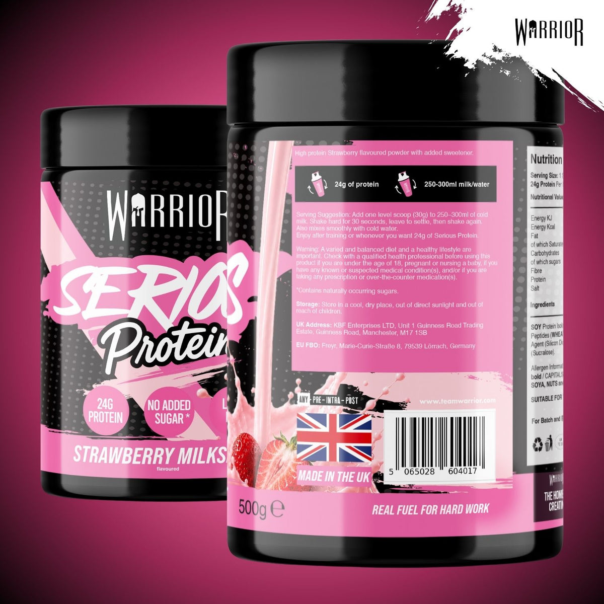 Two black tubs of Warrior Series Protein powder, one showing the front label with pink and white branding and strawberry milkshake graphics, and the other showing the back label with ingredients, nutrition facts, and a barcode, set against a dark pink gradient background.