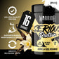 A tub of Warrior Serious Protein Vanilla Milkshake flavor on a black and gold background, with promotional text highlighting 24g high-quality protein, 16 servings, muscle support, and smooth milkshake taste. Vanilla beans and a white orchid are pictured on the label.