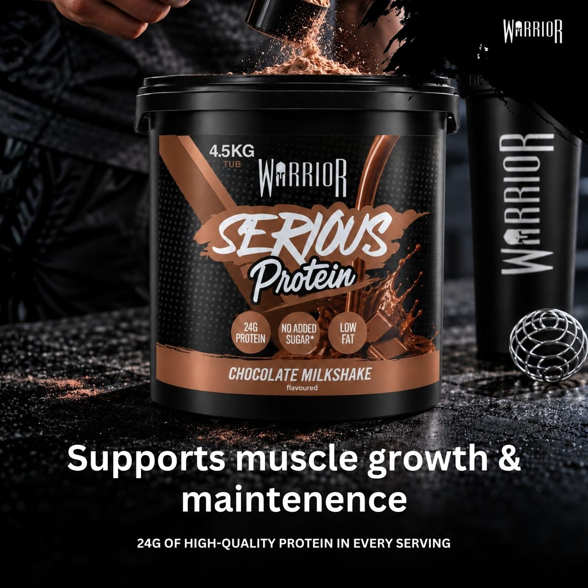 A large black tub of Warrior Serious Protein Chocolate Milkshake powder is shown on a dark surface with powder being poured into it. A matching black shaker bottle and scoop are visible beside the tub, with Warrior branding and promotional text overlaid on the image.