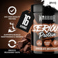 A tub of Warrior Serious Protein Chocolate Milkshake flavor shown on a dark brown promotional background with callout icons for protein content, muscle support, and smooth taste. A black hangtag reads 16 servings.