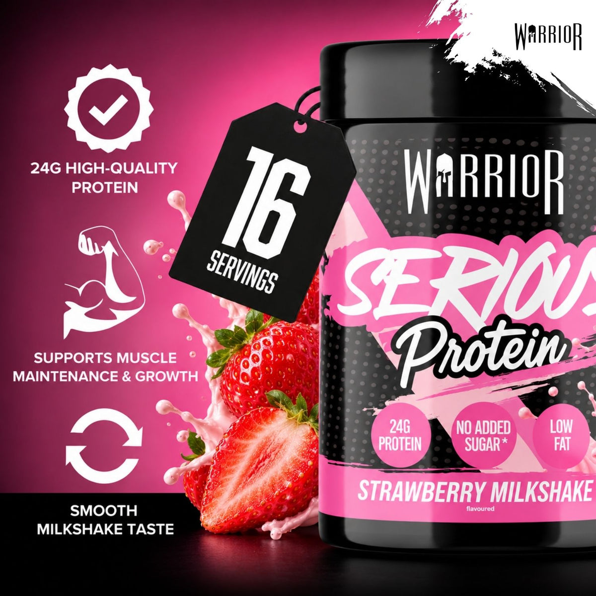 A tub of Warrior Serious Protein Strawberry Milkshake flavor is shown on a dark pink promotional background with fruit graphics and callout icons for protein content, muscle support, and smooth taste. The product container is black with pink and white label text, and a hanging tag says 16 servings.