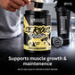A person's hand is shown pouring powder from a scoop into a black canister of Warrior Serious Protein Vanilla Milkshake. A matching black shaker bottle and a metal mixing ball sit on a dark countertop next to the canister, with promotional text at the bottom.