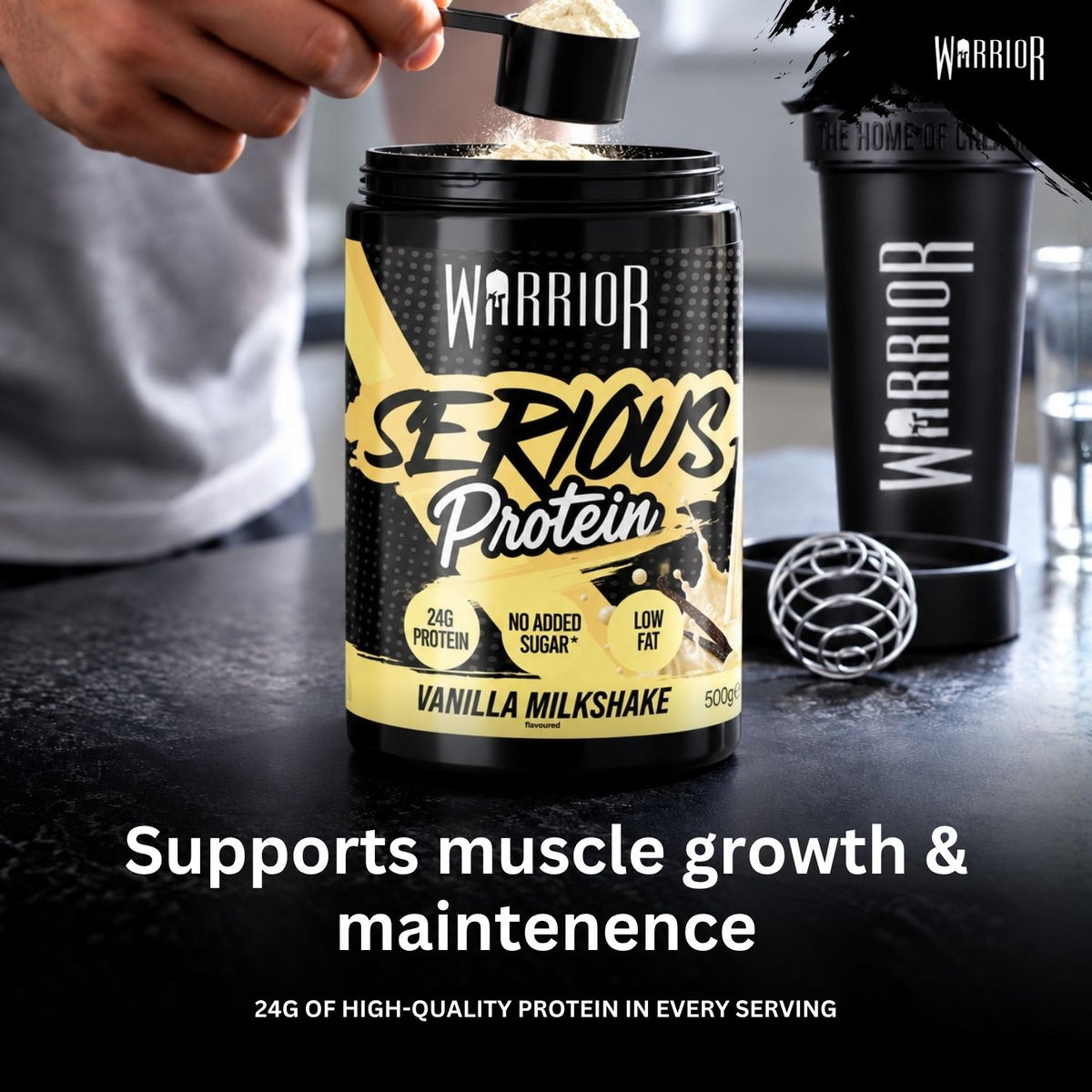 A person's hand is shown pouring powder from a scoop into a black canister of Warrior Serious Protein Vanilla Milkshake. A matching black shaker bottle and a metal mixing ball sit on a dark countertop next to the canister, with promotional text at the bottom.