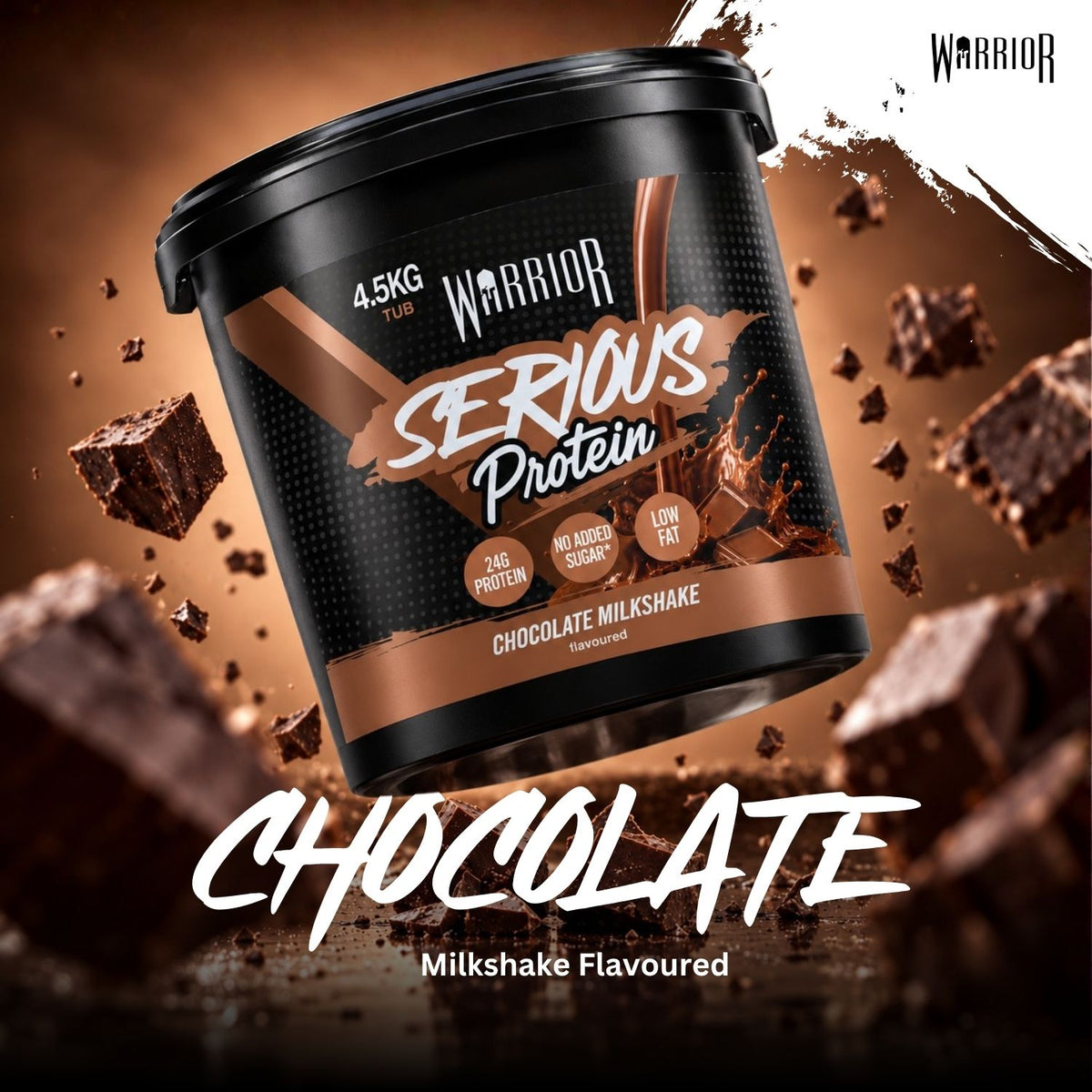 A 4.5kg tub of Warrior Serious Protein Chocolate Milkshake powder, shown at an angle against a dynamic chocolate background with floating chocolate chunks.