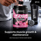 A person's hand is shown adding pink powder from a scoop into a black canister of Warrior Serious Protein Strawberry Milkshake. A black shaker bottle and a metal mixing ball sit on the counter next to the tub, with promotional text at the bottom.