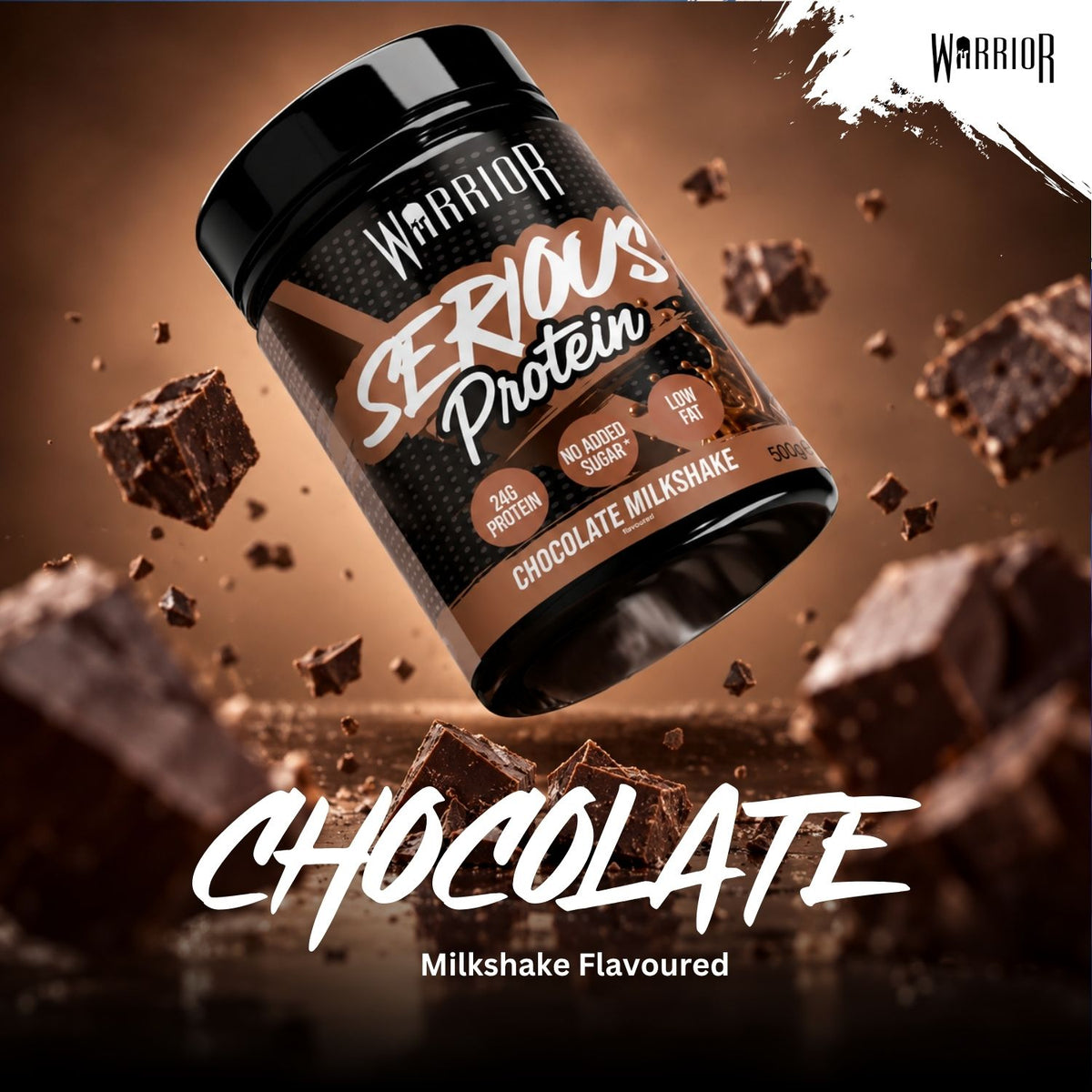 A tub of Warrior Serious Protein Chocolate Milkshake flavor protein powder floating diagonally over a dark chocolate background with floating chocolate chunks and large 'CHOCOLATE' text at the bottom.