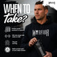 A man wearing a black Warrior brand hoodie and holding a black shaker bottle with Warrior branding. The image is a promotional graphic with text reading 'WHEN TO Take?' and icons detailing usage: perfect post-workout or anytime, mix one scoop with water or milk, 24g per serving, and make protein part of your daily routine.
