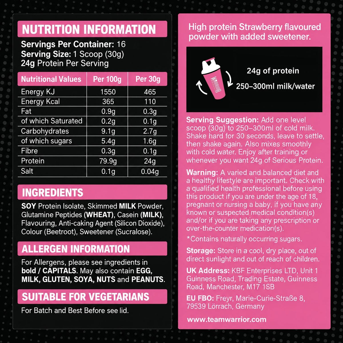 A pink and white product information card for Serious Protein strawberry flavored powder. The left side contains a nutrition facts table, ingredients list, and allergen information.