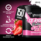 A 4.5kg tub of Warrior Serious Protein Strawberry Milkshake flavor, shown alongside promotional text highlighting 24g high-quality protein, 150 servings, and muscle support benefits on a dark magenta background.