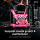 A large black tub of Warrior Serious Protein in Strawberry Milkshake flavor is shown with pink powder being poured into it. A black shaker bottle and scoop are visible beside the tub on a dark surface, with Warrior branding and promotional text in the image.