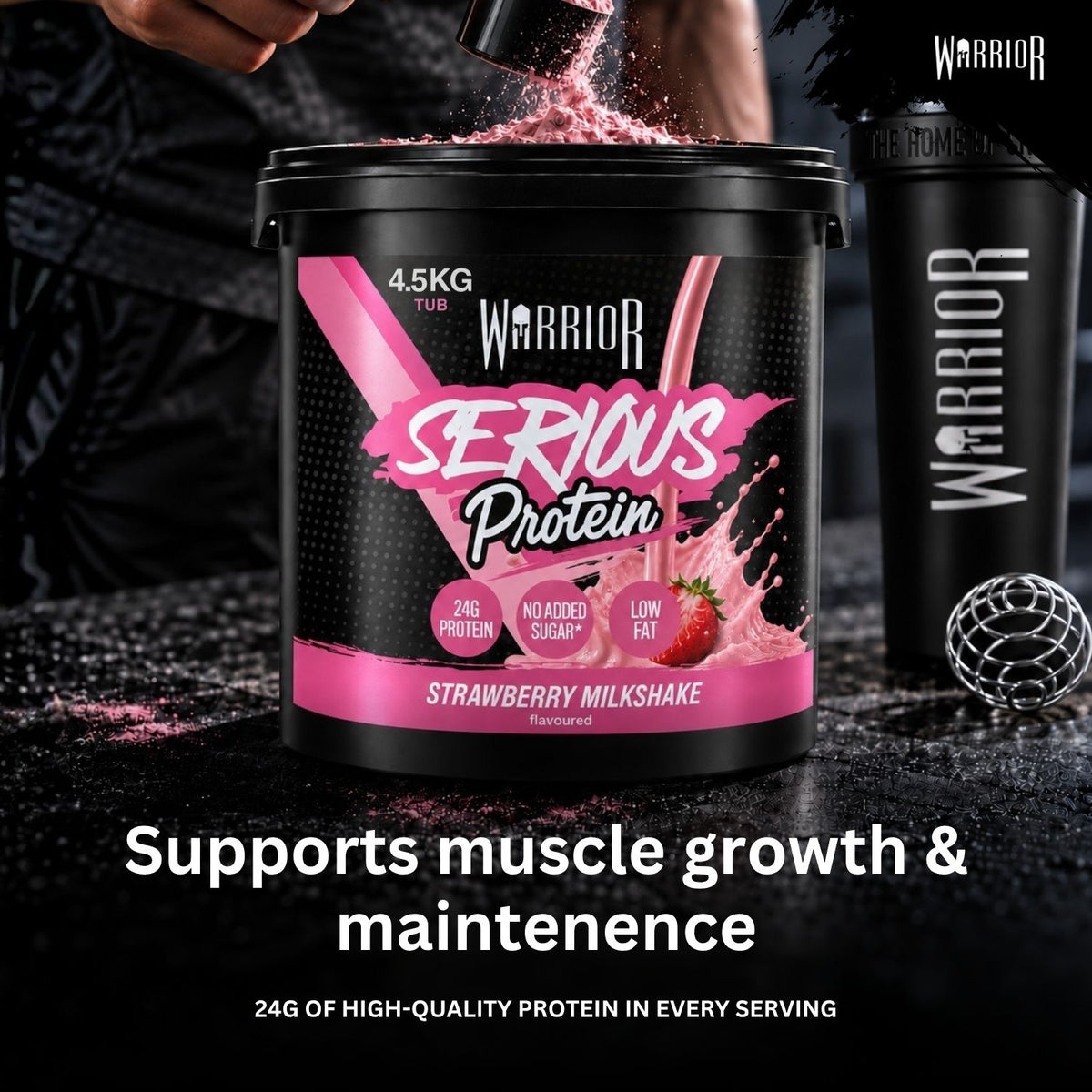 A large black tub of Warrior Serious Protein in Strawberry Milkshake flavor is shown with pink powder being poured into it. A black shaker bottle and scoop are visible beside the tub on a dark surface, with Warrior branding and promotional text in the image.