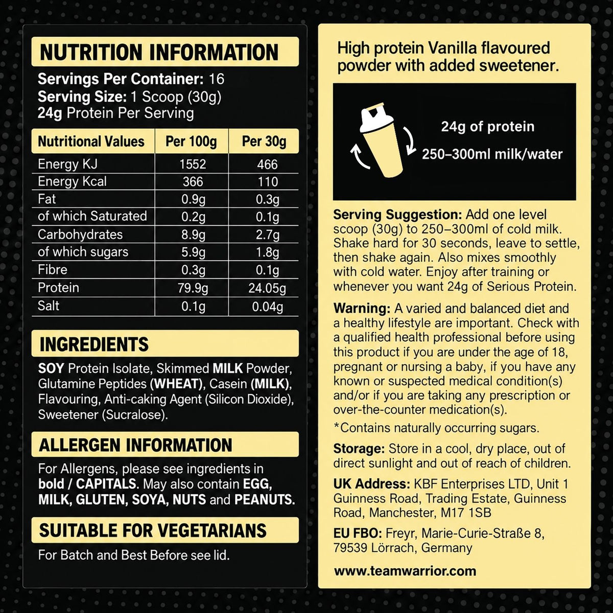 A product information card for Serious Protein Vanilla Flavouring Powder. The left side features a black background with white text detailing nutrition information, serving sizes, ingredients, allergens, and suitability for vegetarians.