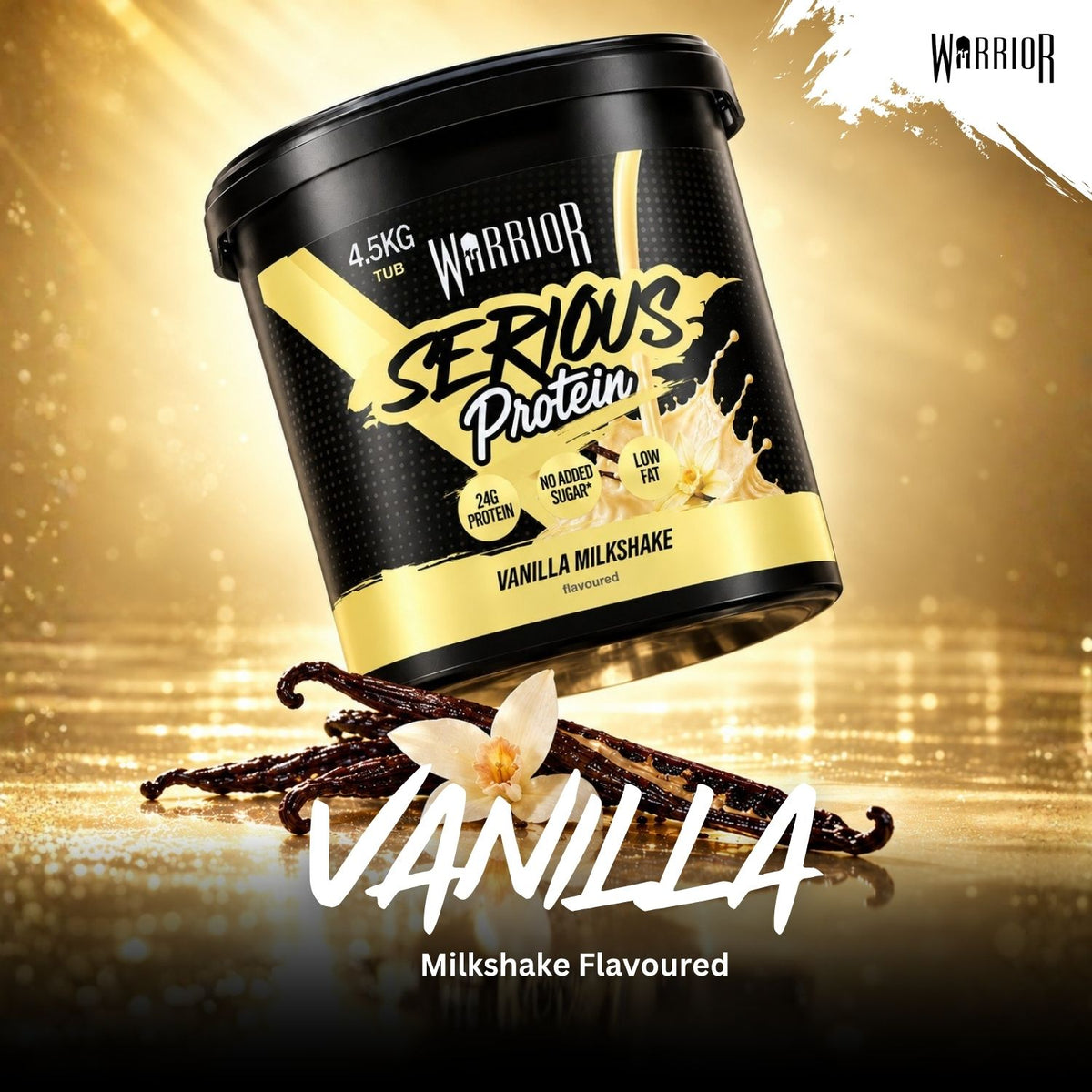 A black tub of Warrior Serious Protein Vanilla Milkshake powder is shown floating above vanilla beans and a white flower on a reflective gold background. The label is black and gold with white text, and the Warrior brand logo appears in the top right corner.