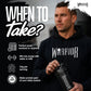 A man wearing a black Warrior brand hoodie and holding a black shaker bottle with Warrior branding. The image is a promotional graphic with text reading 'WHEN TO Take?' and icons detailing usage: perfect post-workout or anytime, mix one scoop with water or milk, 24g per serving, and make protein part of your daily routine.
