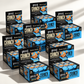 Eight Warrior CRUNCH Chocolate Chip Cookie Dough protein bar display boxes arranged in an overlapping cluster on an off-white background, with red and black packaging and dramatic studio lighting.