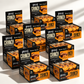 Eight Warrior CRUNCH Dark Chocolate Peanut protein bar display boxes arranged in an overlapping cluster on an off-white background, with red and black packaging and dramatic studio lighting.