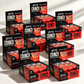 Eight Warrior CRUNCH Peanut Butter Cup protein bar display boxes arranged in an overlapping cluster on an off-white background, with red and black packaging and dramatic studio lighting.