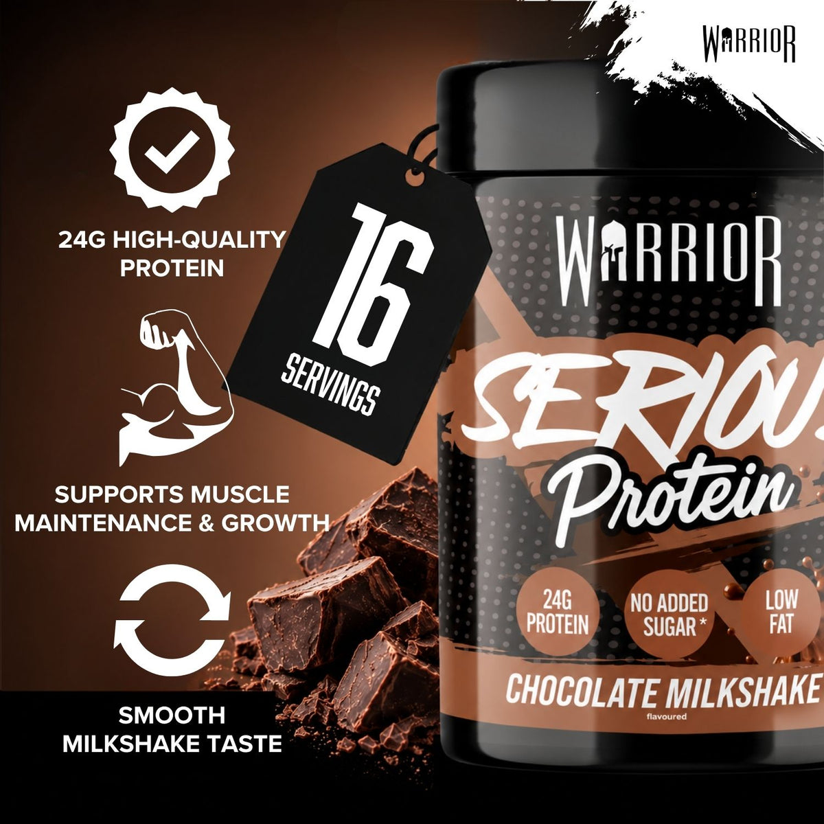Warrior Serious Protein powder tub, Chocolate Milkshake flavour, 500g, on a dark brown background with icons highlighting protein content, muscle support and smooth taste, and a hangtag stating 16 servings.