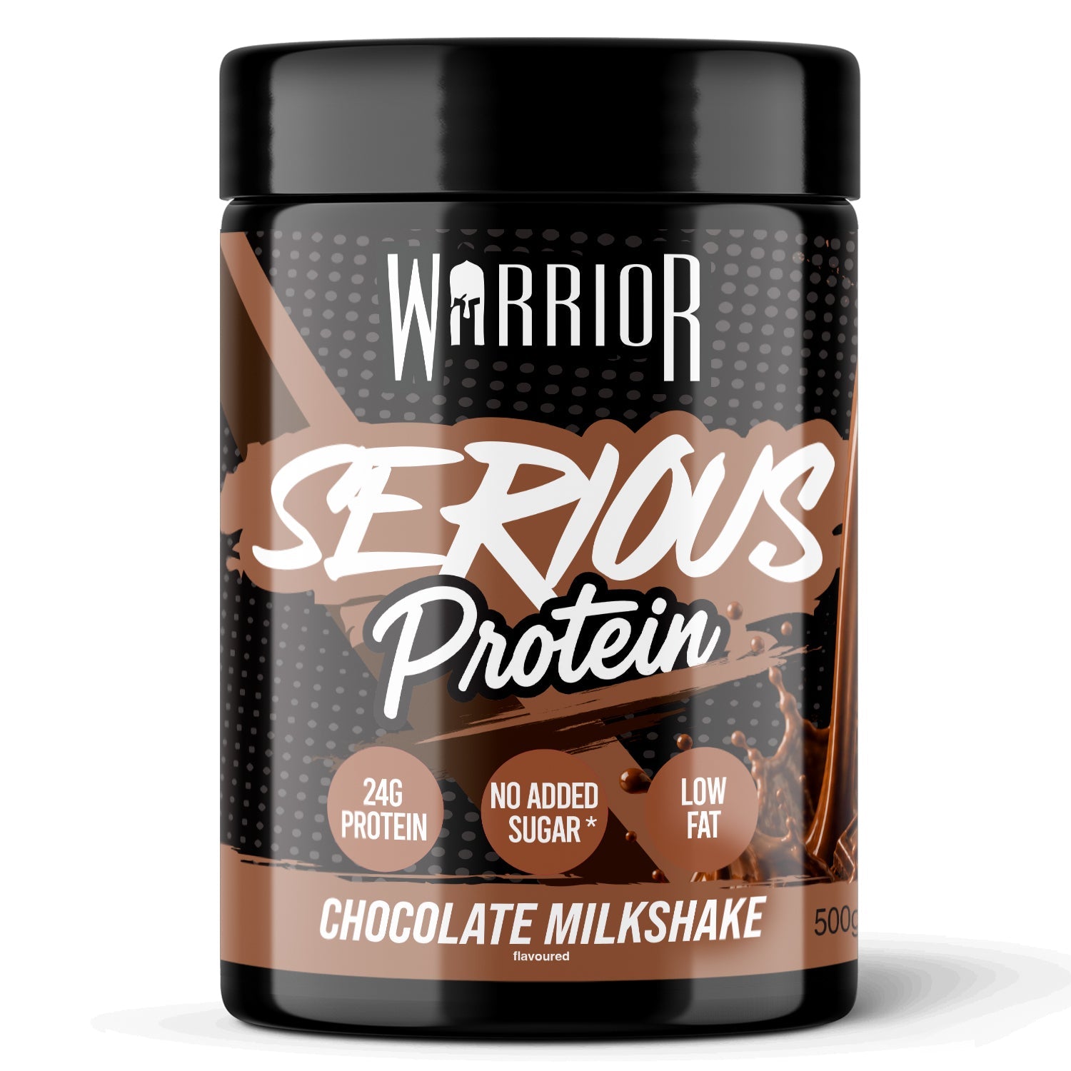 Warrior Serious Protein powder tub, Chocolate Milkshake flavour, 500g – black tub with brown label showing 24g Protein, No Added Sugar and Low Fat badges, with a chocolate milkshake splash graphic.