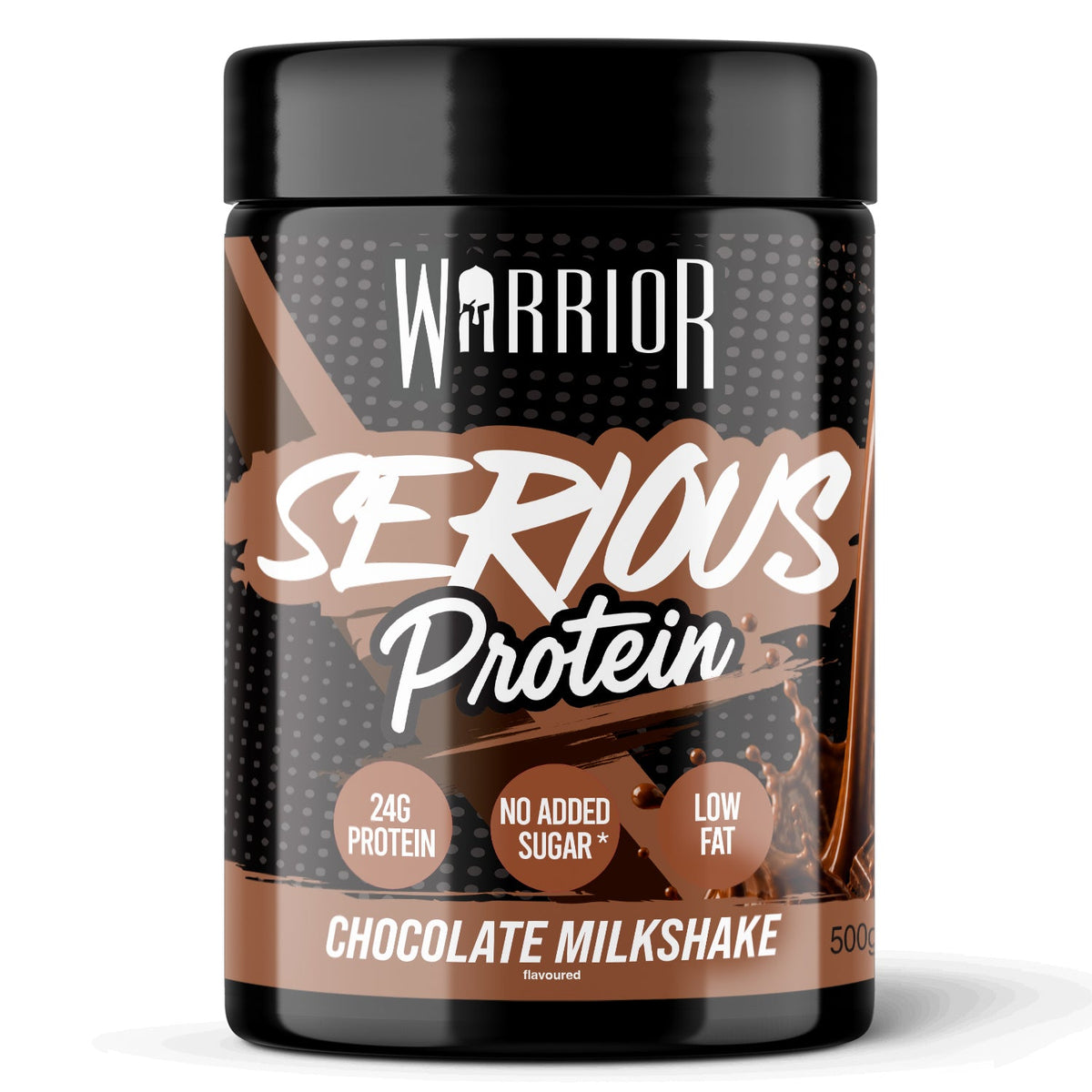 Warrior Serious Protein powder tub, Chocolate Milkshake flavour, 500g – black tub with brown label showing 24g Protein, No Added Sugar and Low Fat badges, with a chocolate milkshake splash graphic.