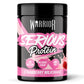 Warrior Serious Protein powder tub, Strawberry Milkshake flavour, 500g – black tub with pink label showing 24g Protein, No Added Sugar and Low Fat badges, with a strawberry milkshake splash graphic and fresh strawberries.
