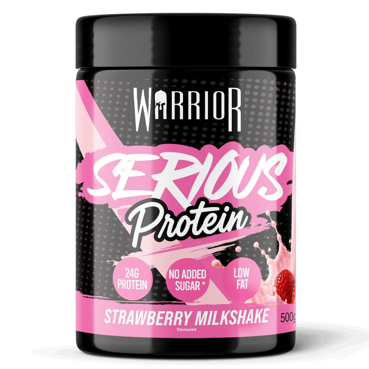Warrior Serious Protein powder tub, Strawberry Milkshake flavour, 500g – black tub with pink label showing 24g Protein, No Added Sugar and Low Fat badges, with a strawberry milkshake splash graphic and fresh strawberries.