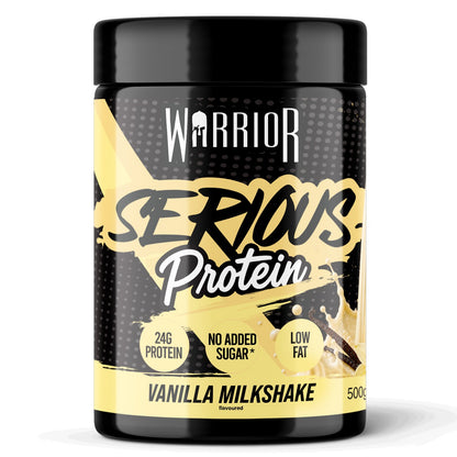 Warrior Serious Protein powder tub, Vanilla Milkshake flavour, 500g – black tub with yellow label showing 24g Protein, No Added Sugar and Low Fat badges, with a vanilla milkshake splash graphic and a vanilla pod.